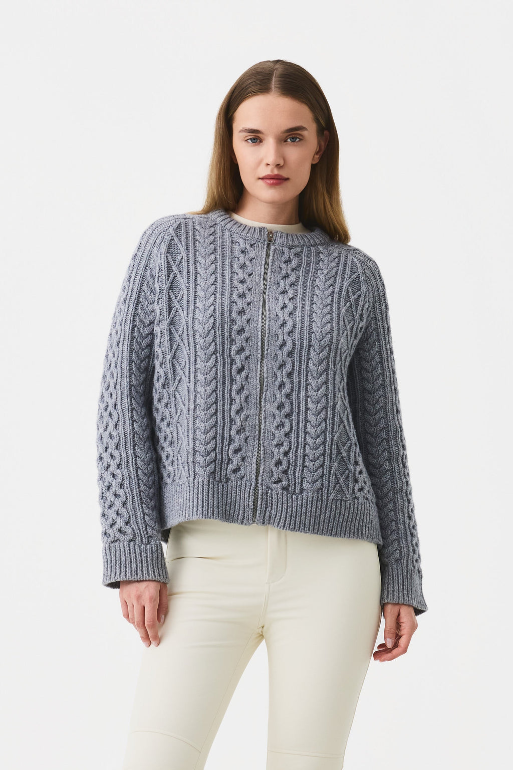 Varda Cable Knit Cardigan Women, Grey Melange