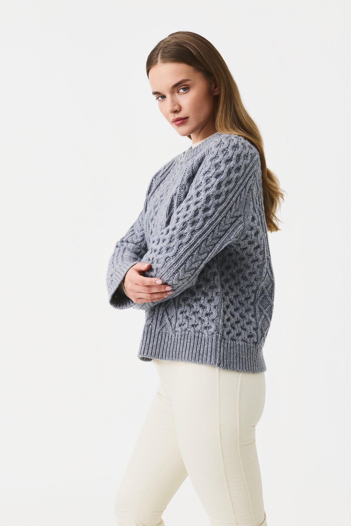 Varda Cable Knit Cardigan Women, Grey Melange