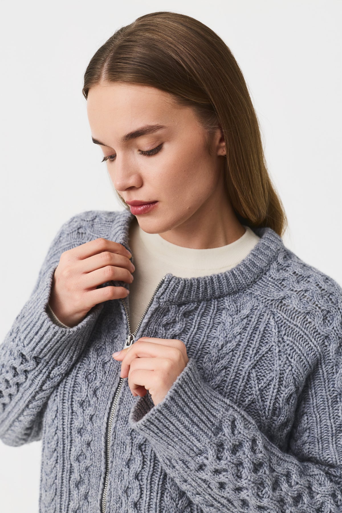 Varda Cable Knit Cardigan Women, Grey Melange