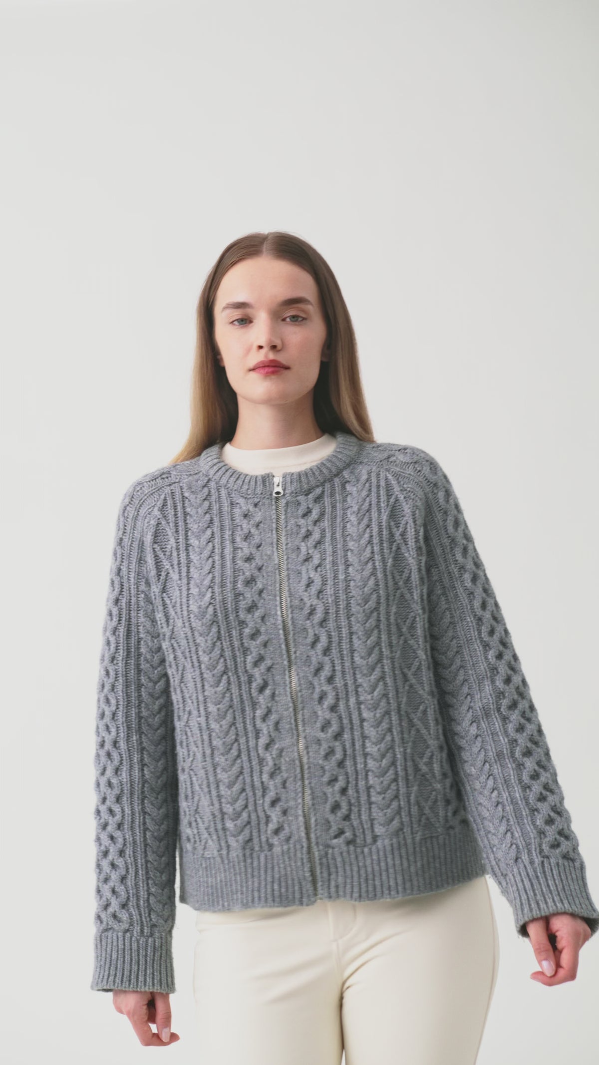 Varda Cable Knit Cardigan Women, Grey Melange
