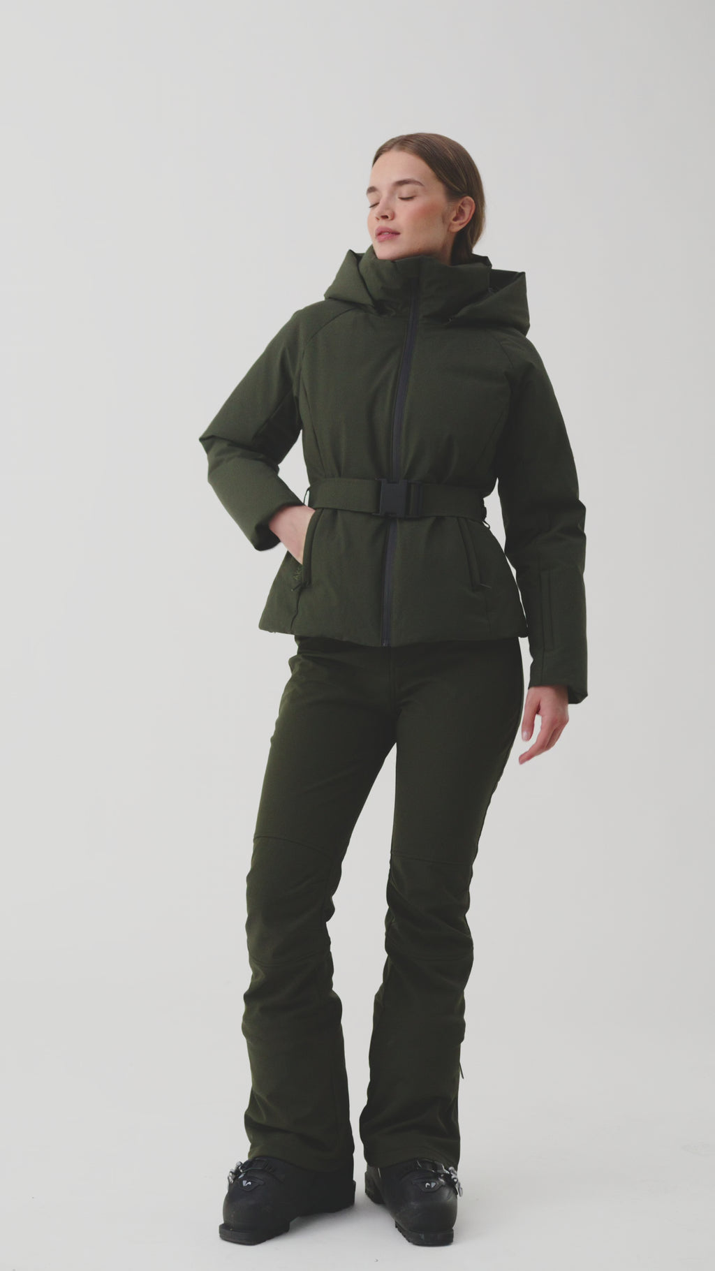 Elvit Ski Jacket with Belt Women, Black Forest Green